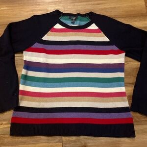 Women’s Large Chaps Navy Blue Crewneck Sweater Rainbow Striped